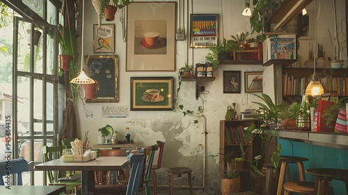 Illustration of A trendy café embracing cluttercore vibes, with tables covered in vintage books, eclectic tableware, hanging plants, and colorful art on the walls. Ai Generate. photo