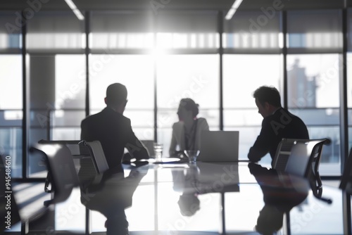 Unrecognizable businesspeople having a meeting at a boardroom table in an office Defocused group of a unrecognizable businesspeople having a meeting together around a table in the boardroom of an offi