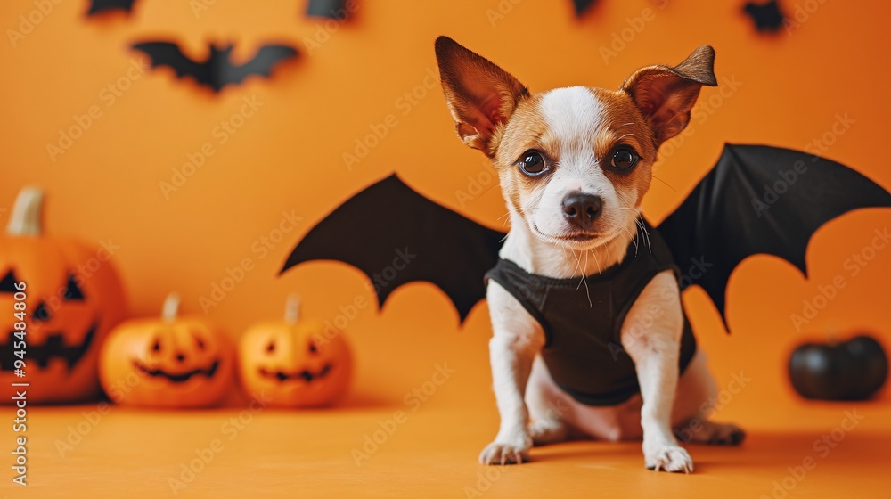 Φωτογραφία A small dog in a bat costume, with wings spread wide, sitting on an orange backg