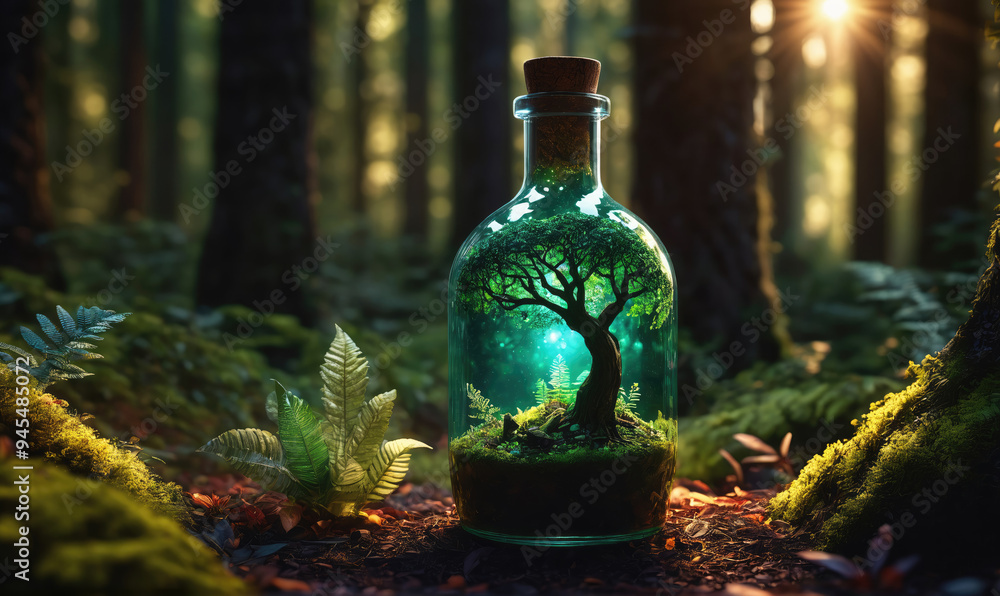 A glass bottle containing a miniature forest sits on the forest floor, surrounded by ferns and moss A glass bottle containing a miniature forest sits on the forest floor, surrounded by ferns and moss