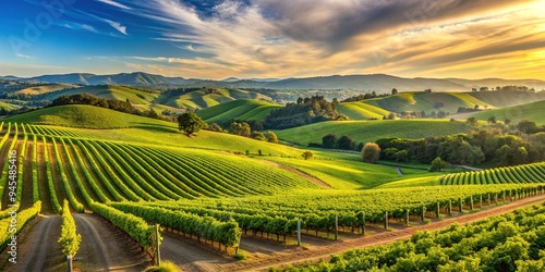 Rolling hills of lush green vineyards stretch towards the horizon under a warm sunny sky in California's picturesque Sonoma County wine country landscape.