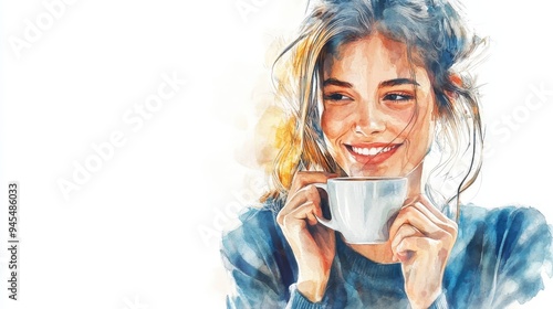 Watercolor Portrait of a Woman Smiling and Drinking Coffee photo