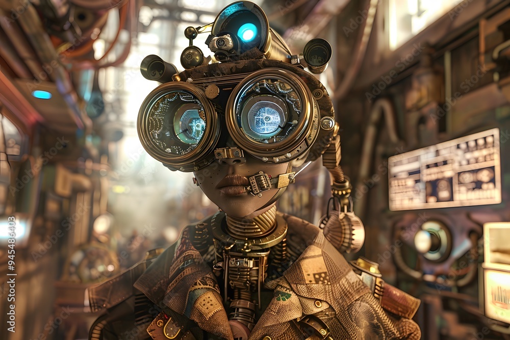 Illustration of A trendy character with a steampunk aesthetic, wearing oversized goggles and eccentric, patchwork clothing, surrounded by intricate mechanical gadgets and gears. Ai Generate. Illustration of A trendy character with a steampunk aesthetic, wearing oversized goggles and eccentric, patchwork clothing, surrounded by intricate mechanical gadgets and gears. Ai Generate.
