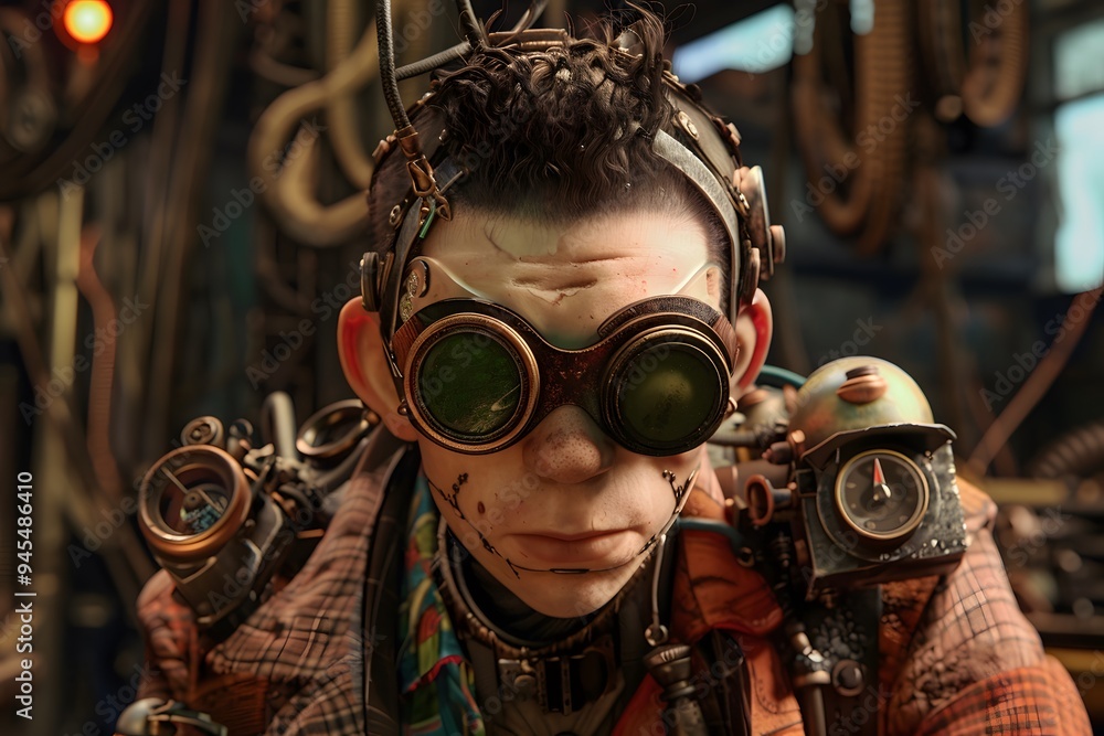 Illustration of A trendy character with a steampunk aesthetic, wearing oversized goggles and eccentric, patchwork clothing, surrounded by intricate mechanical gadgets and gears. Ai Generate. Illustration of A trendy character with a steampunk aesthetic, wearing oversized goggles and eccentric, patchwork clothing, surrounded by intricate mechanical gadgets and gears. Ai Generate.