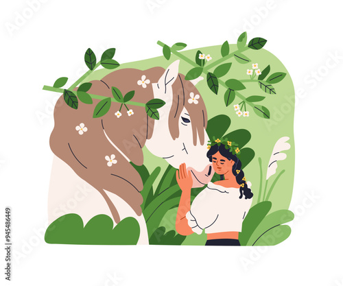 Young woman and horse, love and friendship. Beautiful farm girl in countrysid...