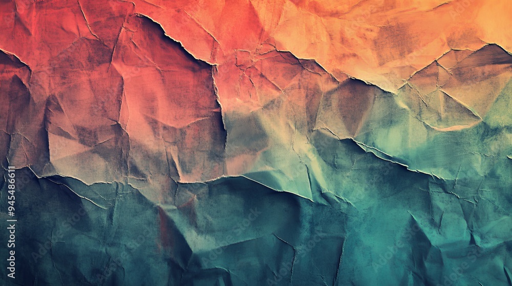 Naklejka premium Abstract Crumpled Paper Background with Teal and Red Hues.
