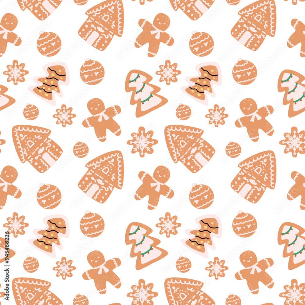 Cute xmas pattern with gingerbread in festive elements shapes. Cute celebration design. Traditional New Year pattern with cookie. Cute xmas pattern with gingerbread in festive elements shapes. Cute celebration design. Traditional New Year pattern with cookie.
