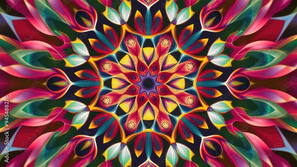 Vibrant Abstract Symmetrical Pattern - Decorative Kaleidoscope Movement with Geometric Circles and Floral Shapes