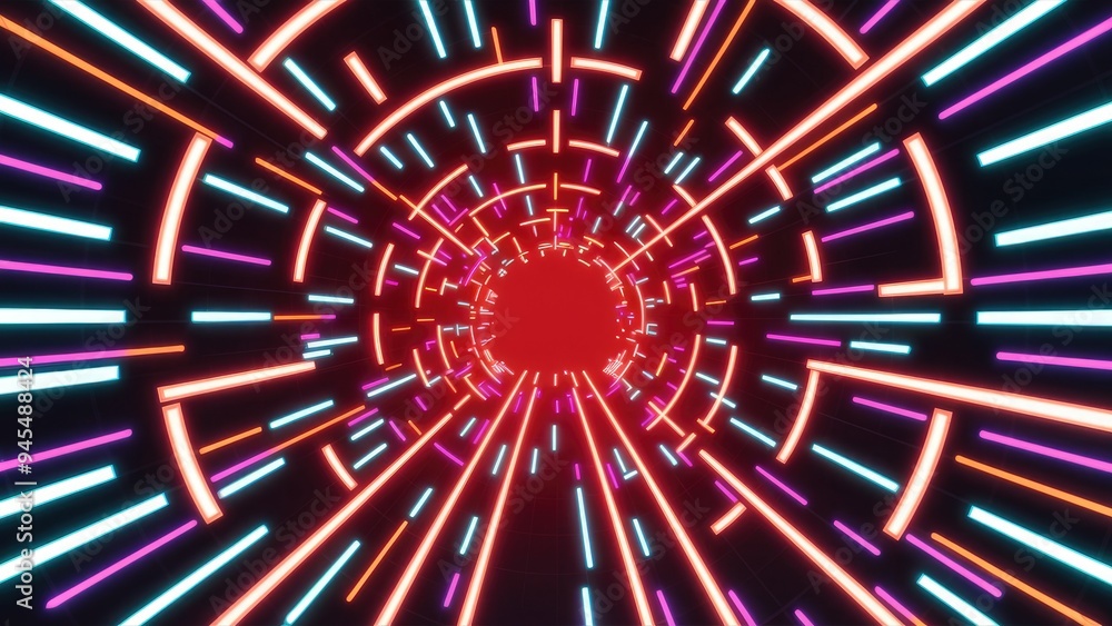 Fototapeta premium Vibrant Animated Tunnel with Glowing Neon Lights in Motion. Dynamic Technology Visual for Video Projects. Easy to Incorporate into Any Media.