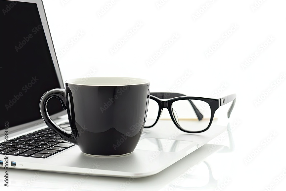 Cropped view of glasses and cup of coffee near laptop on white surface Cropped view of glasses and cup of coffee near laptop on white surface