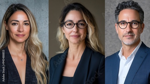 Professional headshots of three individuals in a studio setting