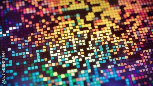 Vibrant Mosaic Background for Technology Theme. Abstract Multicolored LED Squares. Digital Pixel Grid Display. Bright 3D Rendered Pixel Pattern. 3D Illustration of Colorful Squares.