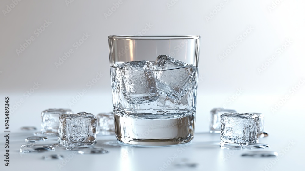 Clear glass of water with ice cubes on a white surface in bright light Clear glass of water with ice cubes on a white surface in bright light