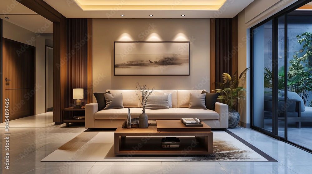 Fototapeta premium Nowoczesne wnętrze salonu z elegancką sofą w centralnym miejscu. Ściana za sofą jest ozdobiona dużymi, dekoracyjnymi obrazami.