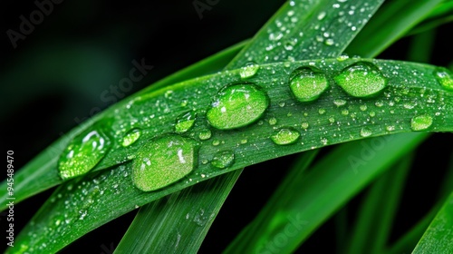 A close-up of green leaves adorned with water droplets, showcasing nature's beauty and freshness.