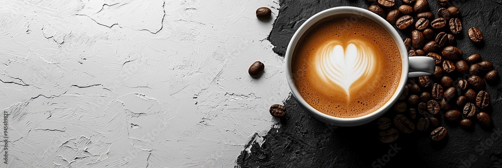 Coffee cup and coffee beans on black and white background. Top view with copy space Coffee cup and coffee beans on black and white background. Top view with copy space