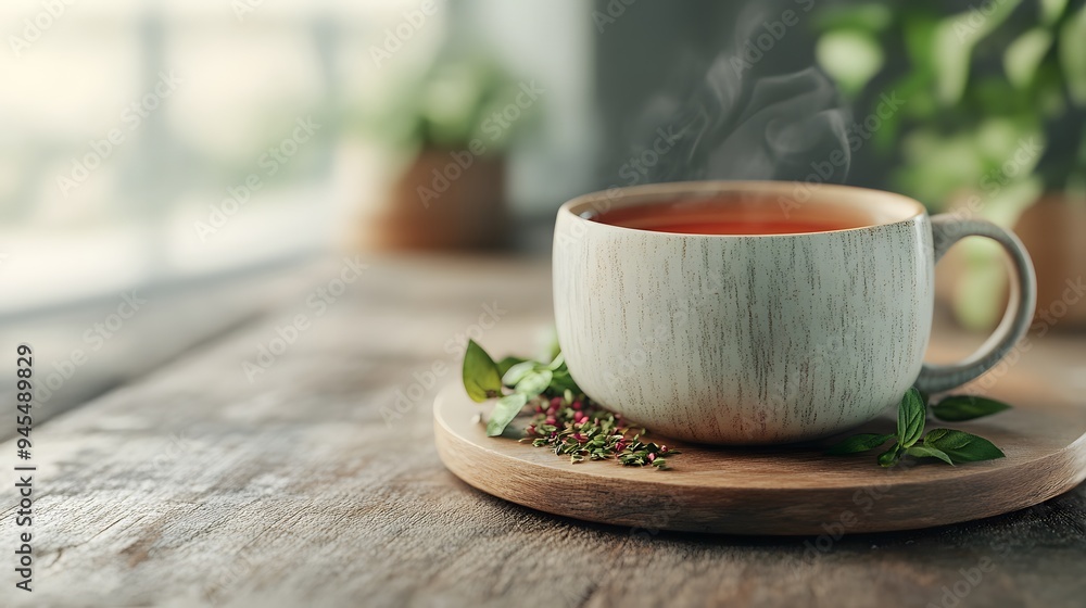 A white coffee cup with a green leaf on top of it A white coffee cup with a green leaf on top of it