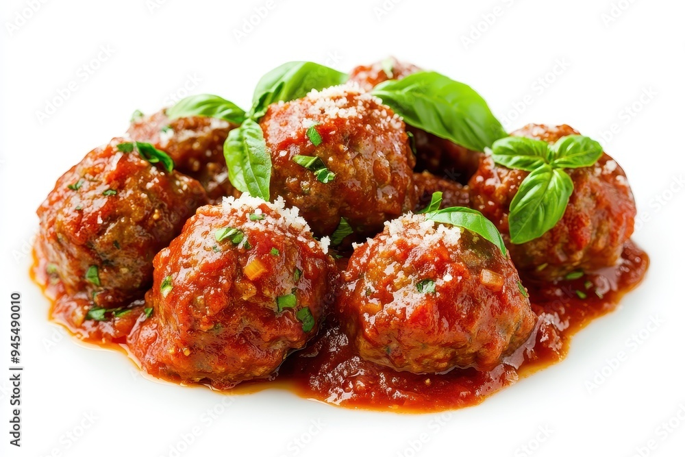 Delicious meatballs served in a rich tomato sauce, garnished with basil and cheese. Delicious meatballs served in a rich tomato sauce, garnished with basil and cheese.