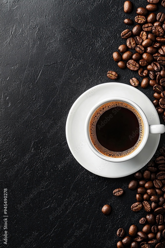 Coffee cup and coffee beans on black and white background. Top view with copy space Coffee cup and coffee beans on black and white background. Top view with copy space