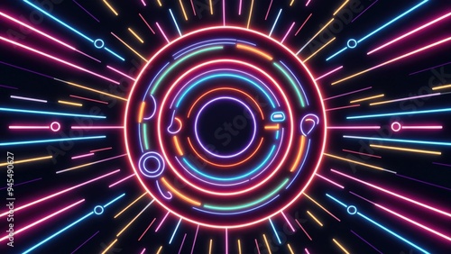 Vibrant abstract neon circle looping background. Futuristic interface search process. Concept of radiant connection signals. Seamless loop design.