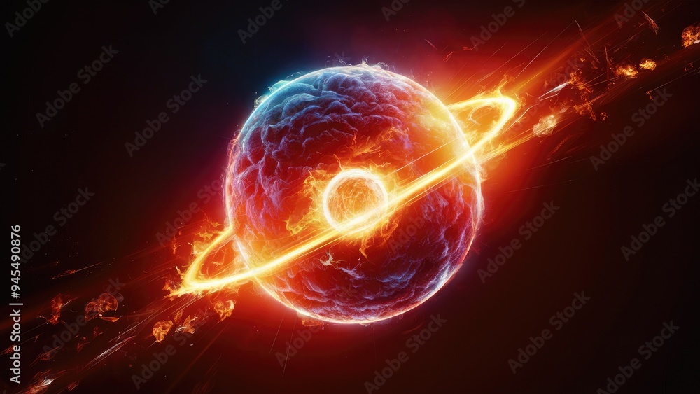 Obraz premium Vibrant energy sphere against a dark backdrop. Fiery gas cluster with a luminous core. Colorful planetary orb radiating bright, intense light. Close-up view of a glowing nano sphere.