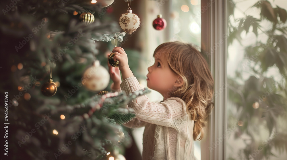 Baby is decorating a Christmas tree at home Baby is decorating a Christmas tree at home