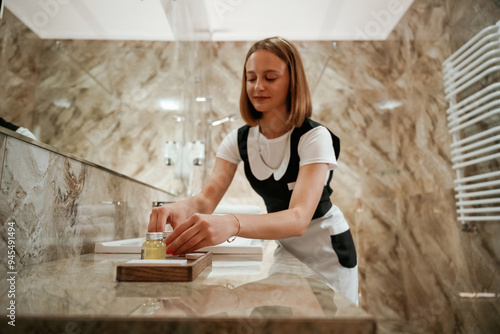 Schilderij op canvas Bathroom cleaning. Young chambermaid is in hotel room