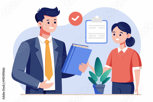Employee handbook, manual for onboarding new staff, procedure or rule for welcome new hire to know company, business manual for success concept, businessman hand holding handbook with new employees.
