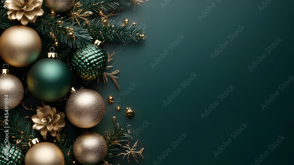 A festive arrangement of green and gold Christmas ornaments, pine branches, and small decorations against a dark green background. A festive arrangement of green and gold Christmas ornaments, pine branches, and small decorations against a dark green background.