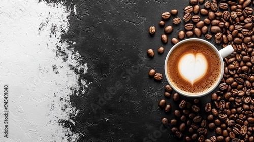 Coffee cup and coffee beans on black and white background. Top view with copy space