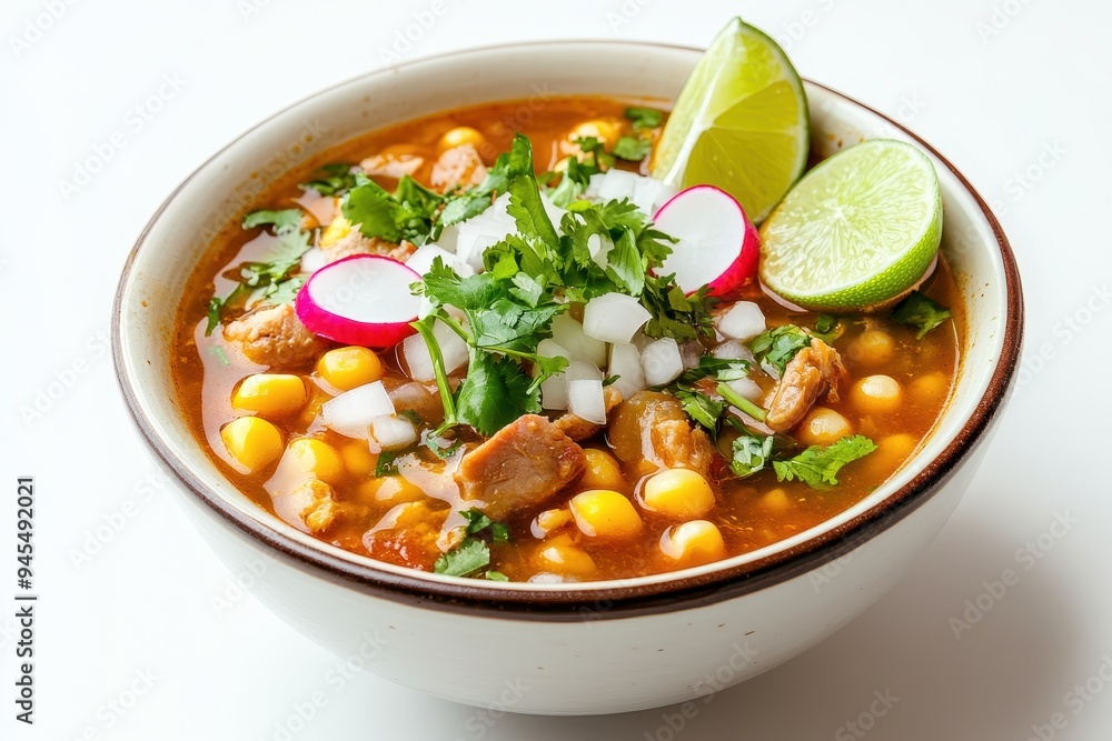 A bowl of hearty soup with corn, meat, radishes, and lime, garnished with herbs. A bowl of hearty soup with corn, meat, radishes, and lime, garnished with herbs.