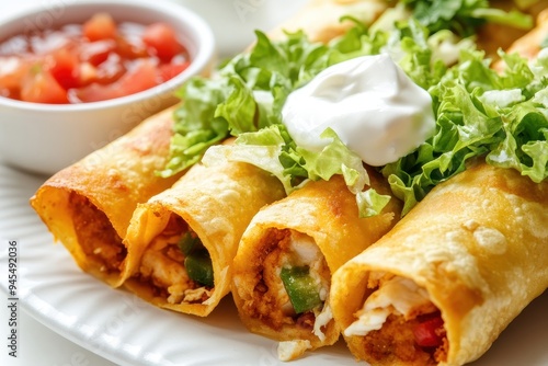 A plate of crispy taquitos topped with lettuce, sour cream, and served with salsa.