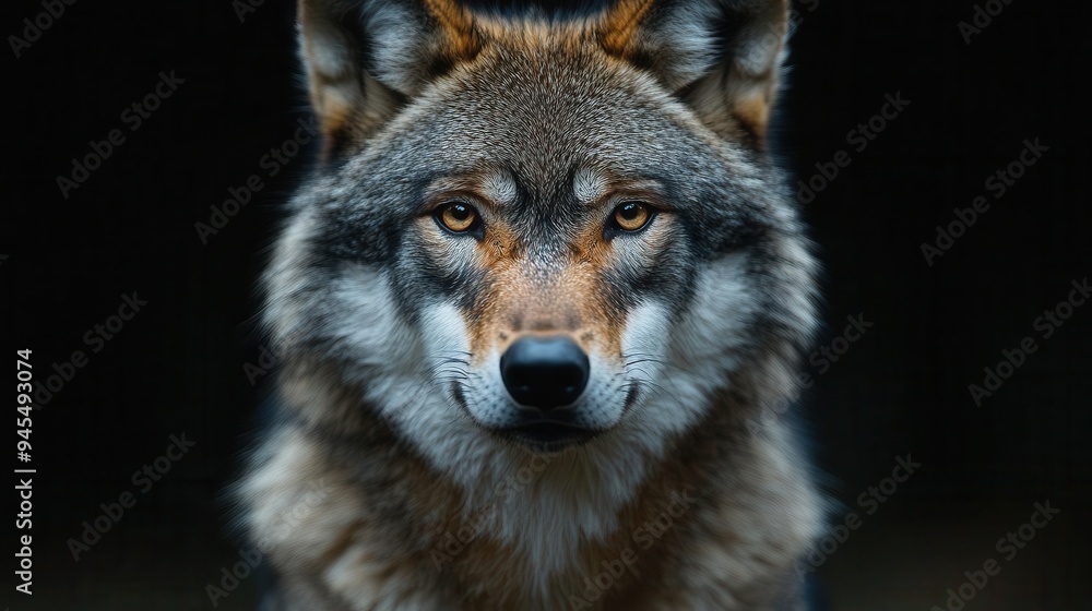 Obraz premium majestic adult wolf portrait set against deep black background piercing eyes and detailed fur texture create a captivating mysterious atmosphere showcasing wild beauty