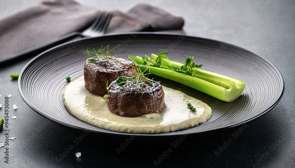 Veal medallion smoked in ash with celery cream and black garlic gel Veal medallion smoked in ash with celery cream and black garlic gel