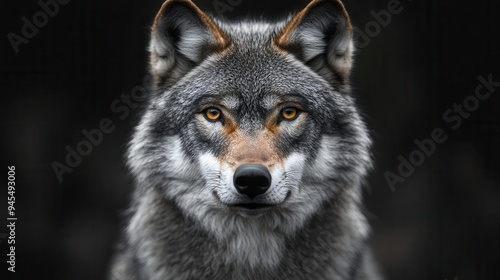 majestic adult wolf portrait set against deep black background piercing eyes and detailed fur texture create a captivating mysterious atmosphere showcasing wild beauty