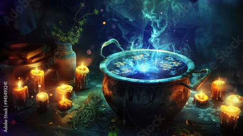 Mystical and enchanting cauldron with glowing liquid, surrounded by candles and herbs, evoking a magical atmosphere.