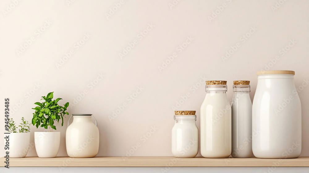 Milk Bottles on Shelf. Milk Bottles on Shelf.