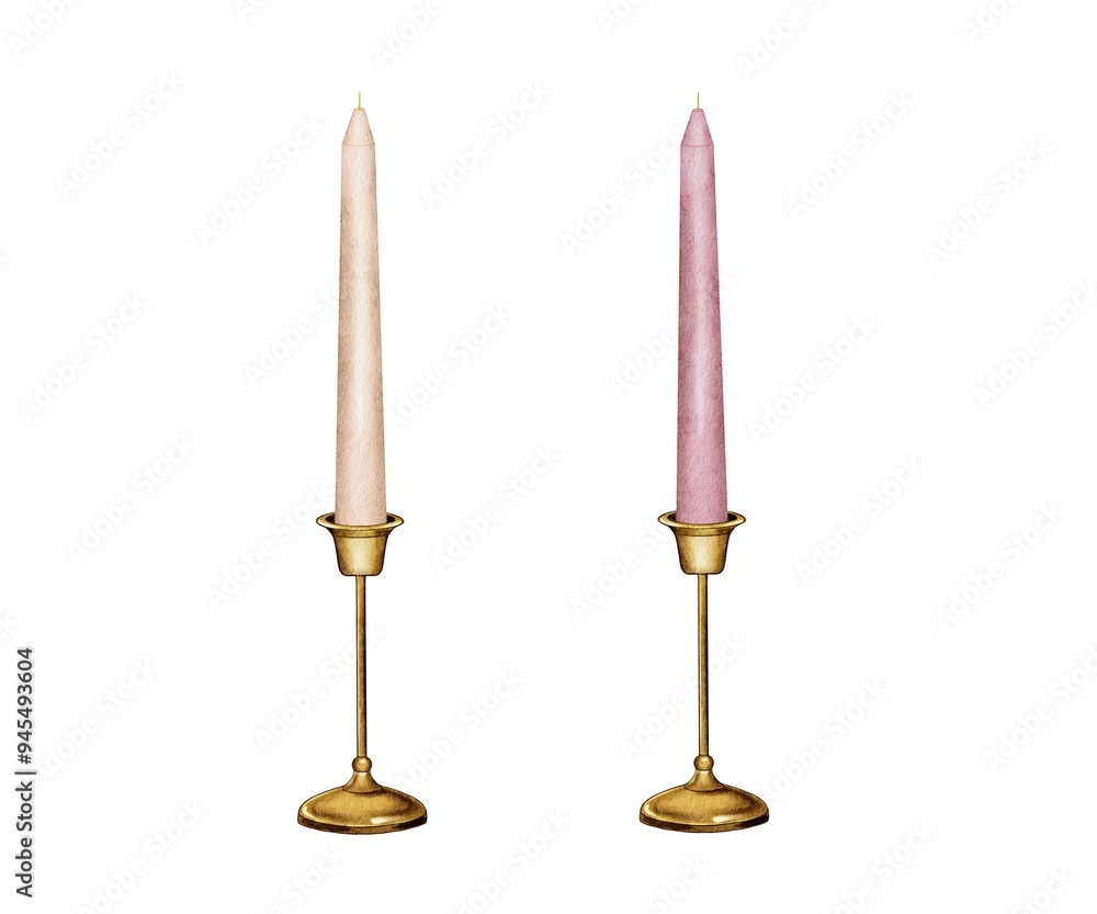 Pink and beige candle in a candle holder. High quality illustration, Decorations for holidays, weddings, romantic evenings Pink and beige candle in a candle holder. High quality illustration, Decorations for holidays, weddings, romantic evenings