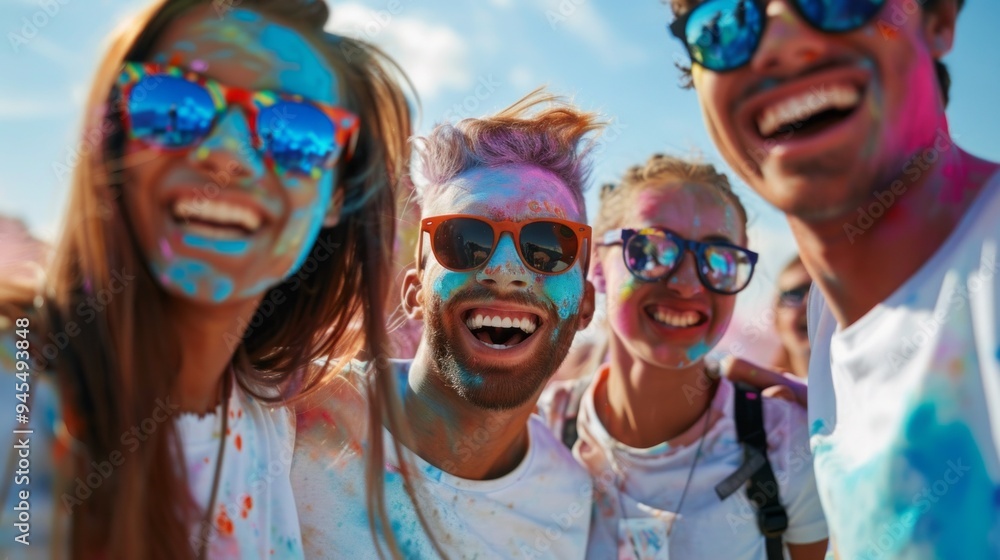 A group of people are smiling and wearing colorful paint on their faces A group of people are smiling and wearing colorful paint on their faces