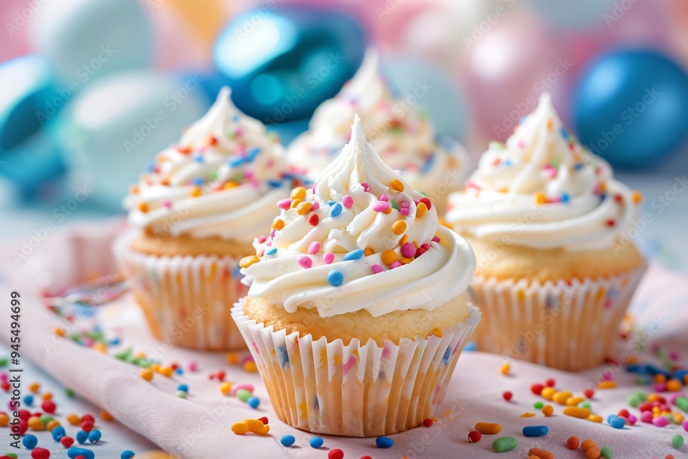 Colorful Cupcakes on Pink Napkin with White Frosting and Sprinkles Colorful Cupcakes on Pink Napkin with White Frosting and Sprinkles