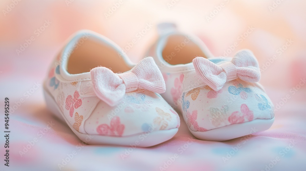 A close-up shot of tiny baby shoes with bow patterns, placed on a smooth, pastel-colored surface, showcasing the detailed design. A close-up shot of tiny baby shoes with bow patterns, placed on a smooth, pastel-colored surface, showcasing the detailed design.