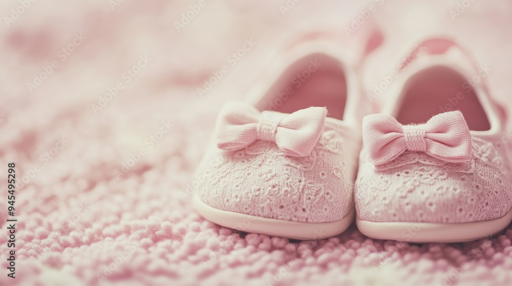 A close-up shot of tiny baby shoes with bow patterns, placed on a smooth, pastel-colored surface, showcasing the detailed design. A close-up shot of tiny baby shoes with bow patterns, placed on a smooth, pastel-colored surface, showcasing the detailed design.