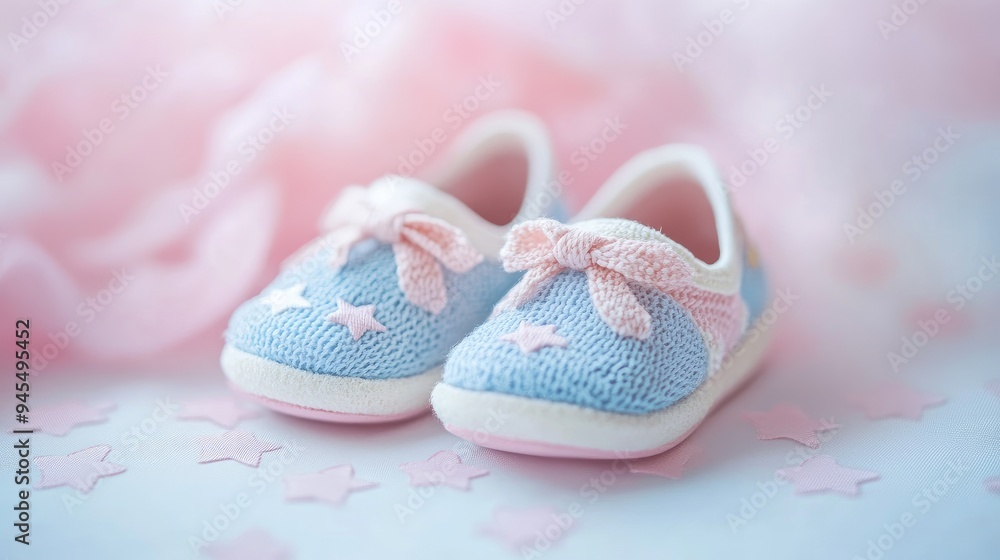 A close-up shot of tiny baby shoes with stars, placed on a smooth, pastel-colored surface, showcasing the detailed and charming design. A close-up shot of tiny baby shoes with stars, placed on a smooth, pastel-colored surface, showcasing the detailed and charming design.