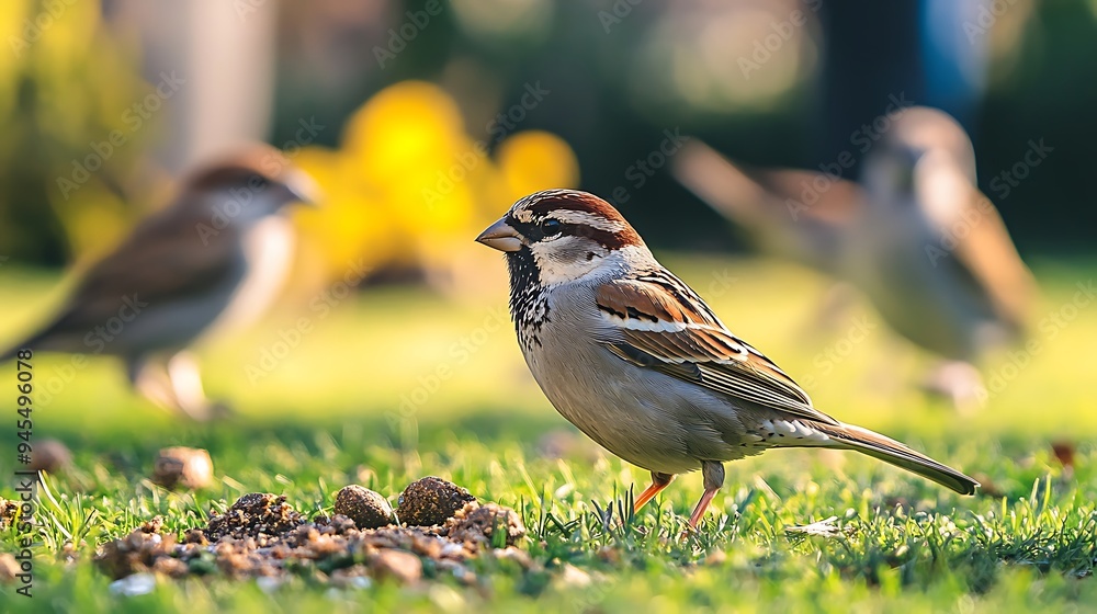 Naklejka premium A sparrow with brown and white feathers stands on green grass with blurred background.