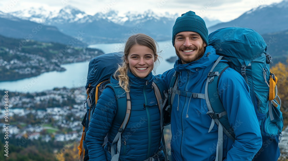 A young couple dressed in blue hiking smiles at the camera while standing on top of an alpine mountain with their backpacks behind them. A lake and mountains can be seen in the bac A young couple dressed in blue hiking smiles at the camera while standing on top of an alpine mountain with their backpacks behind them. A lake and mountains can be seen in the bac