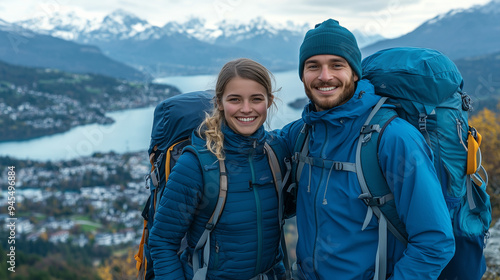 A young couple dressed in blue hiking smiles at the camera while standing on top of an alpine mountain with their backpacks behind them. A lake and mountains can be seen in the bac