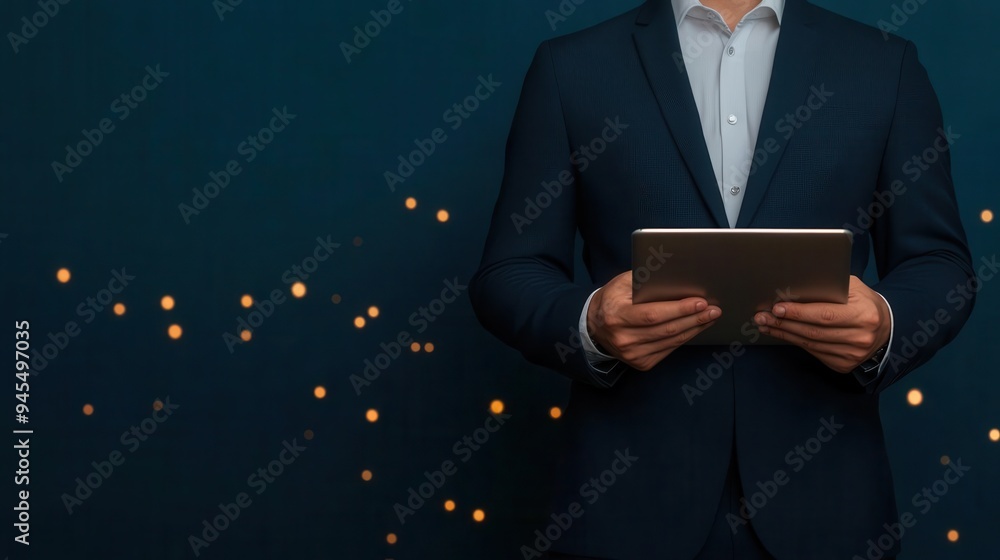 Entrepreneur holding a digital tablet showing graphs indicating progressive productivity and efficiency Entrepreneur holding a digital tablet showing graphs indicating progressive productivity and efficiency