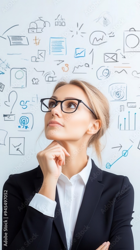 Focused businesswoman with an abstract strategy flowchart surrounding her, representing productivity-driven strategy Focused businesswoman with an abstract strategy flowchart surrounding her, representing productivity-driven strategy