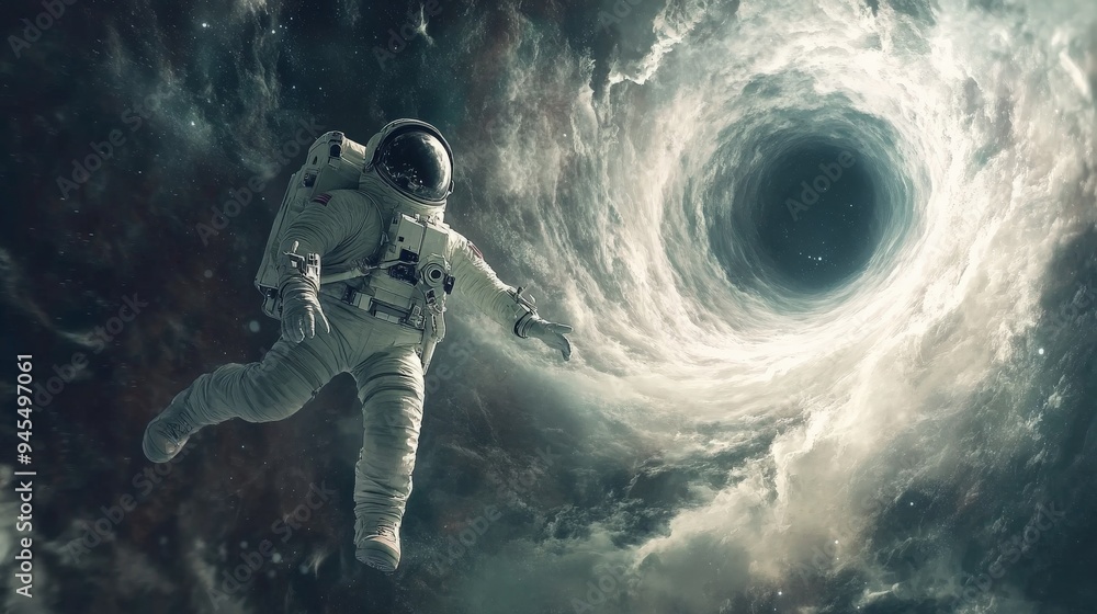 Astronaut aimlessly approaches a swirling, luminous intergalactic wormhole, symbolizing the perilous journey into the unknown and the boundless potential of space voyages. Astronaut aimlessly approaches a swirling, luminous intergalactic wormhole, symbolizing the perilous journey into the unknown and the boundless potential of space voyages.