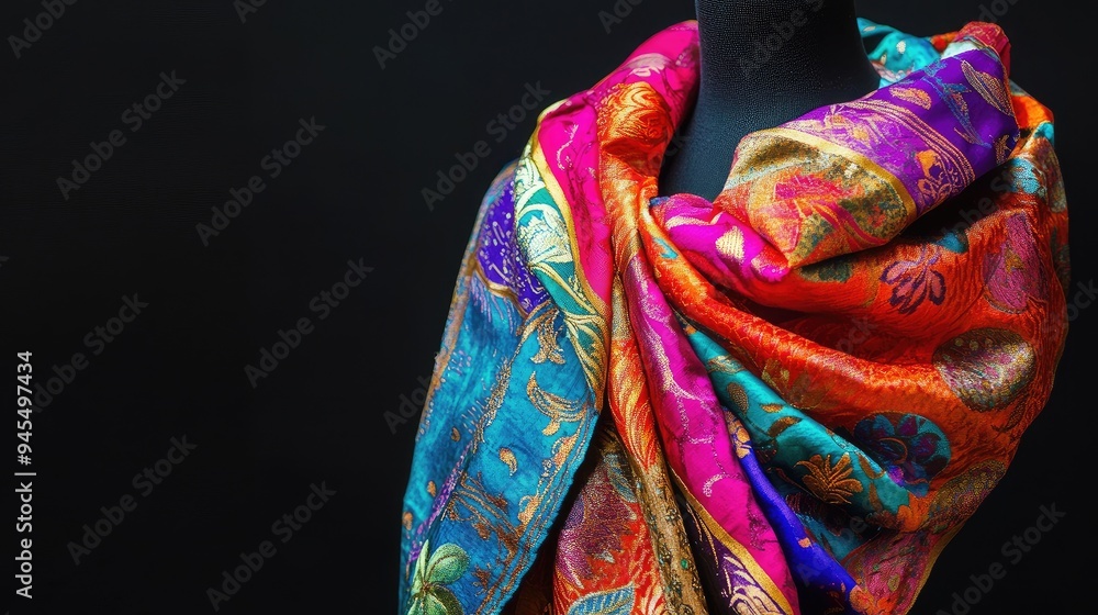 Fototapeta premium Brightly colored Indian dupatta with delicate embroidery, elegantly draped on a wooden hanger, no people.